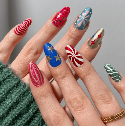 red & mint green sparkly candy cane manicure