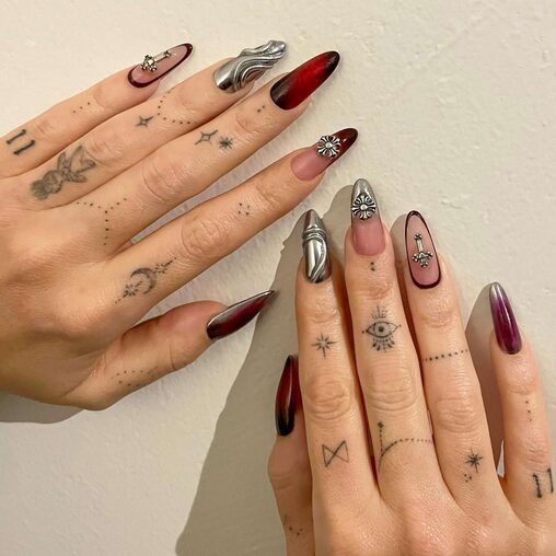 Mixed metals nails featuring gold, silver, and bronze accents