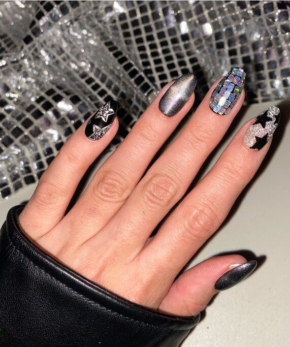 Disco Nails with bold glitter and holographic shimmer