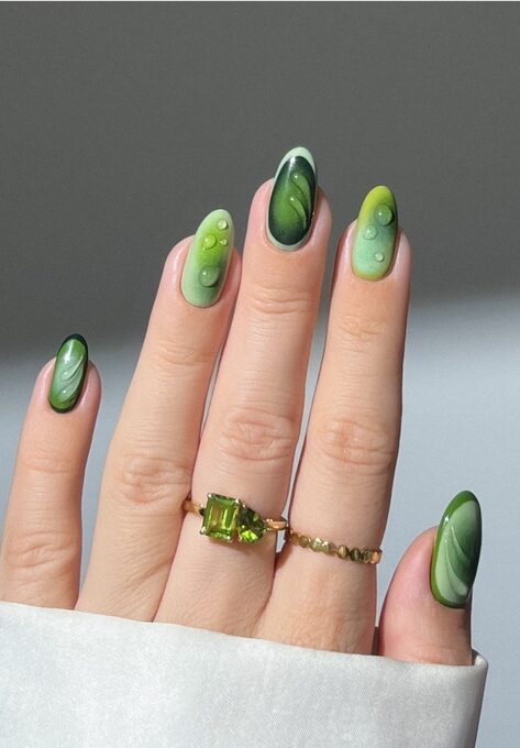 Ombre green nails blending forest and neon shades