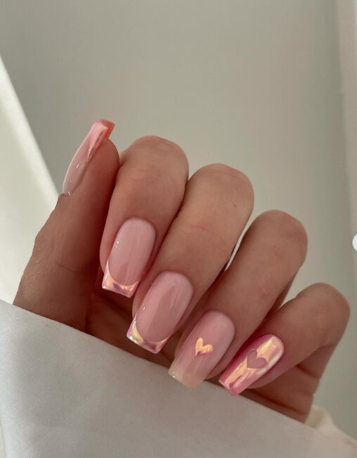 Pink nails with gold heart and chrome French tips