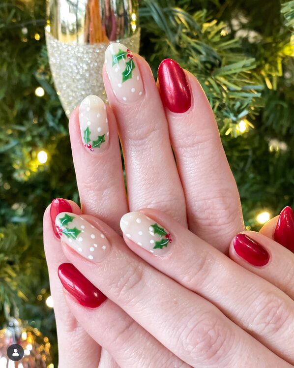 Green nails with red ornament accent art for Christmas