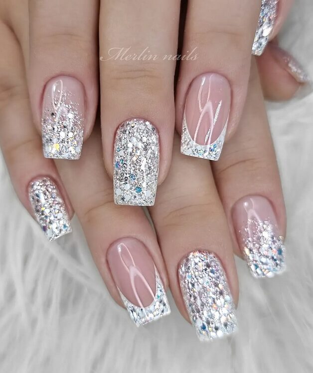 Silver Confetti Nails with tiny silver flecks on a glossy base