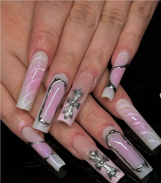 gothic nails with silver cross charms and metal details