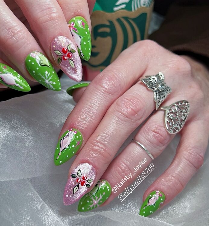 Snowflake and shimmer nails with green base