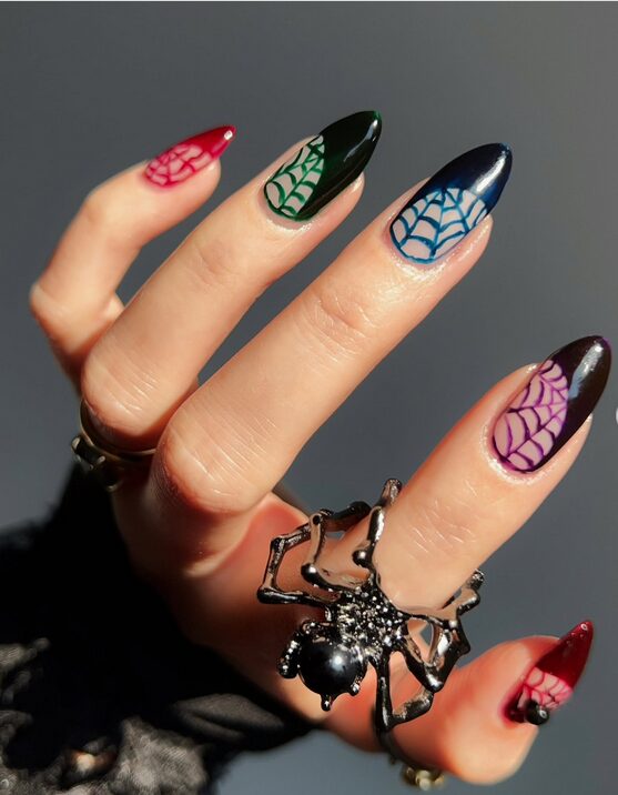 nails with silver spider web design