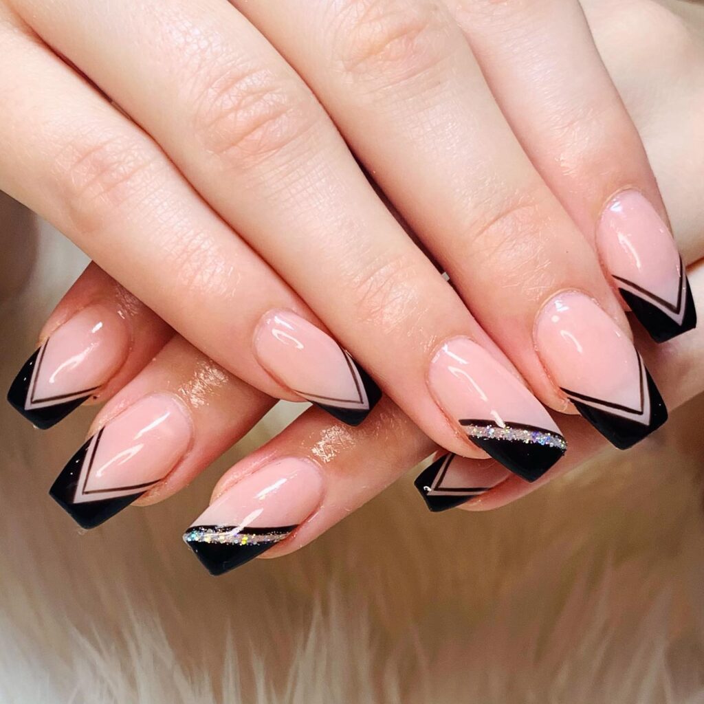 square coffin nails with geometric black french tips