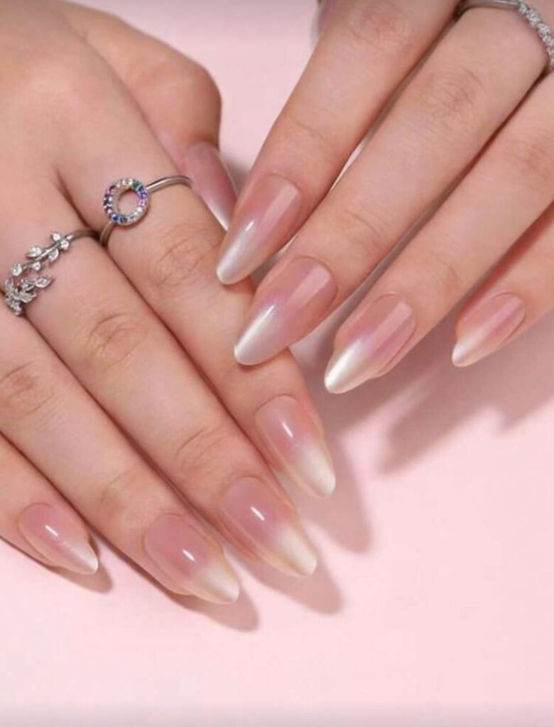 nails with pearlescent milky white ombré tips