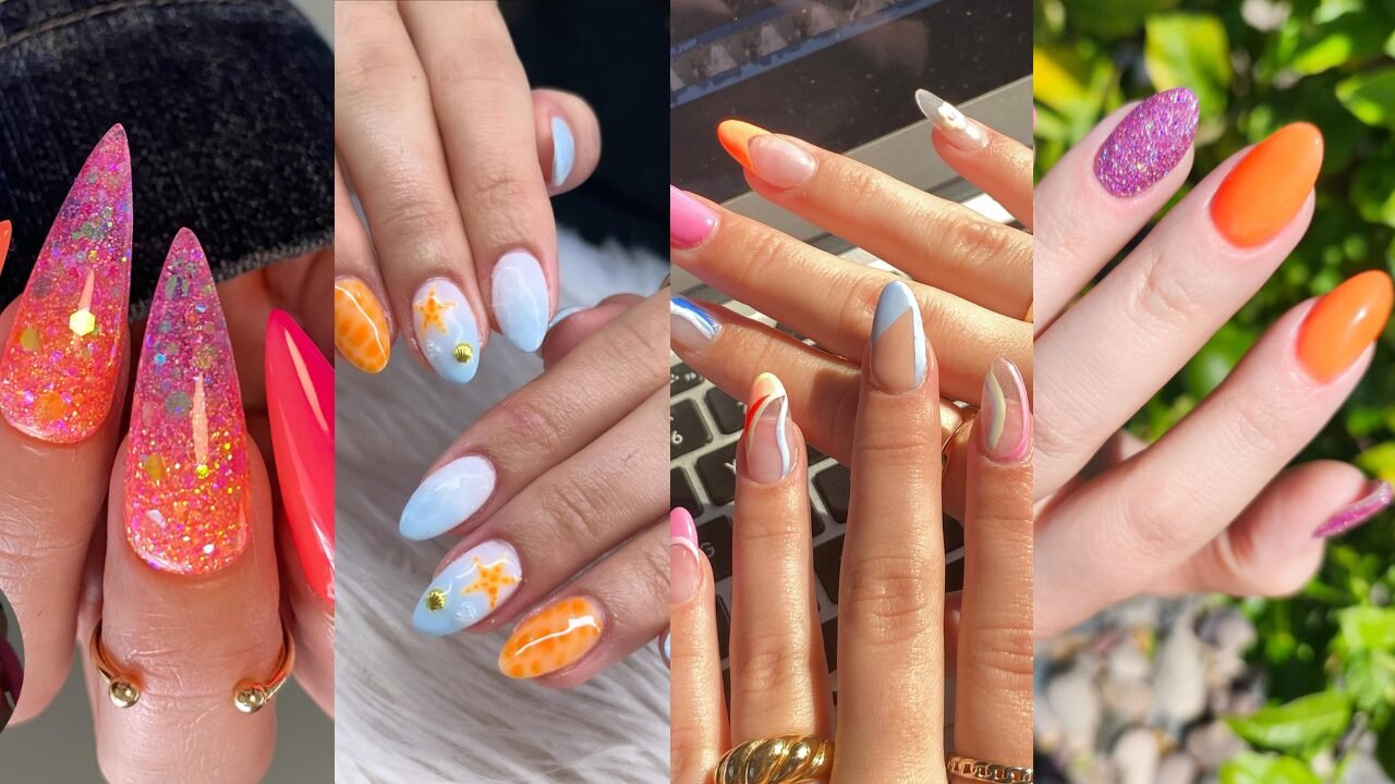 collage of summer dip nail colors