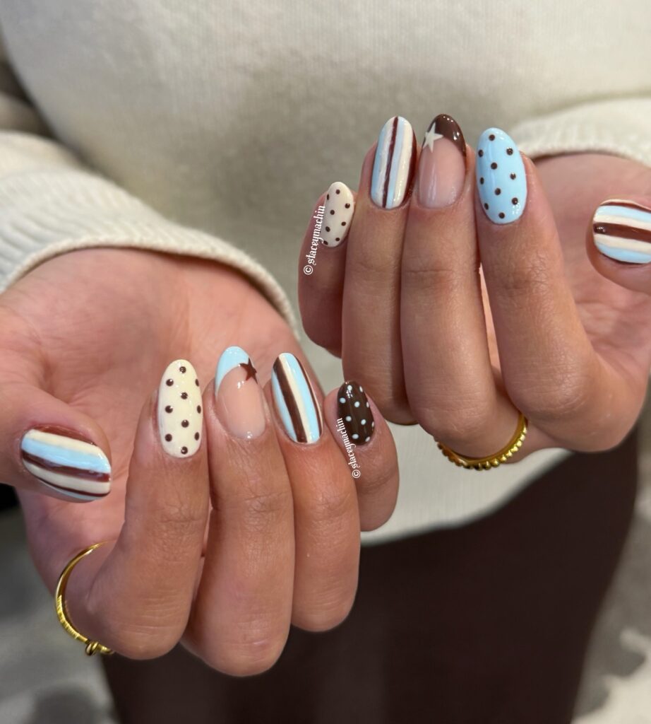 Baby blue and chocolate brown stripe and polka dot nails