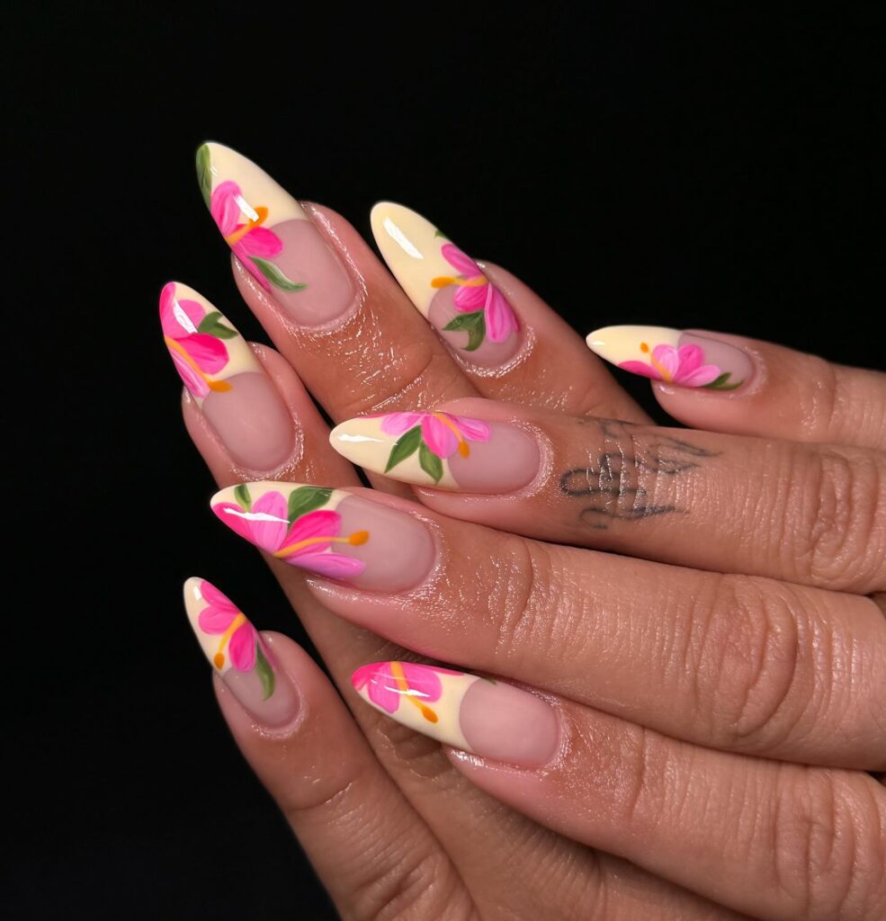 cream French tips with tropical floral art