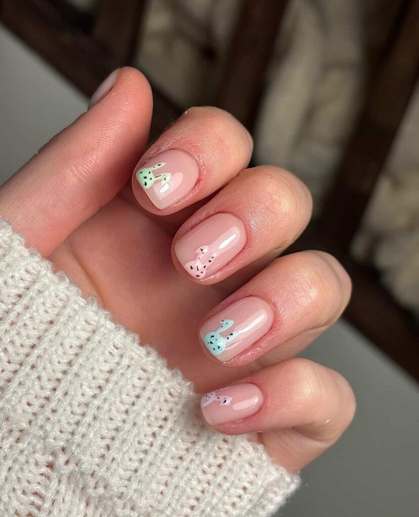 Bare nude nails with tiny mint Easter bunny art