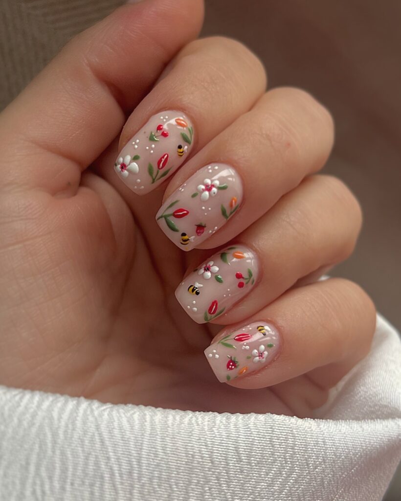 Milky sheer nails with florals, bees and strawberries