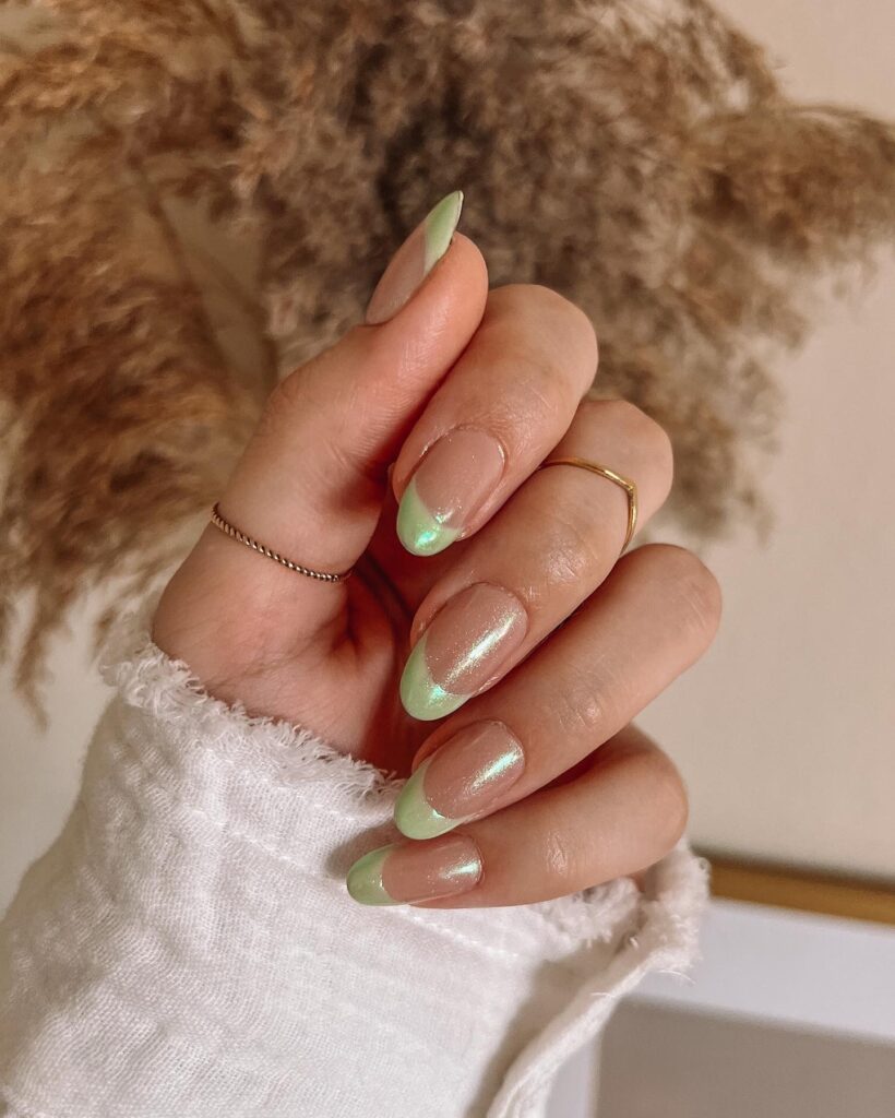 mint chrome French tips almond nails