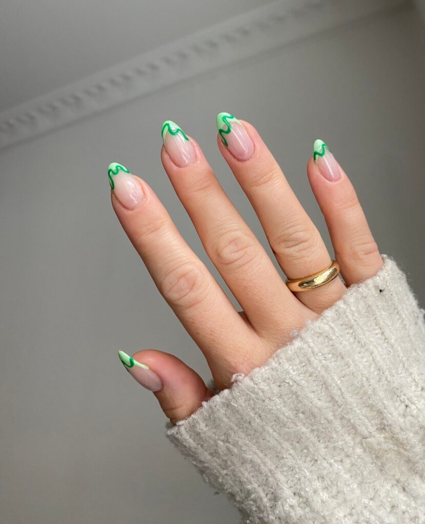 mint French tips with green wave outline