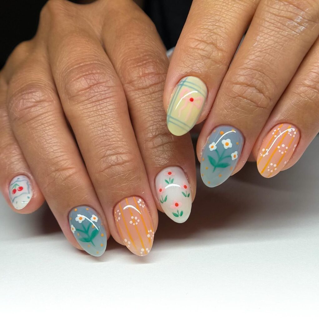 Maximalist cottagecore mix and match nails