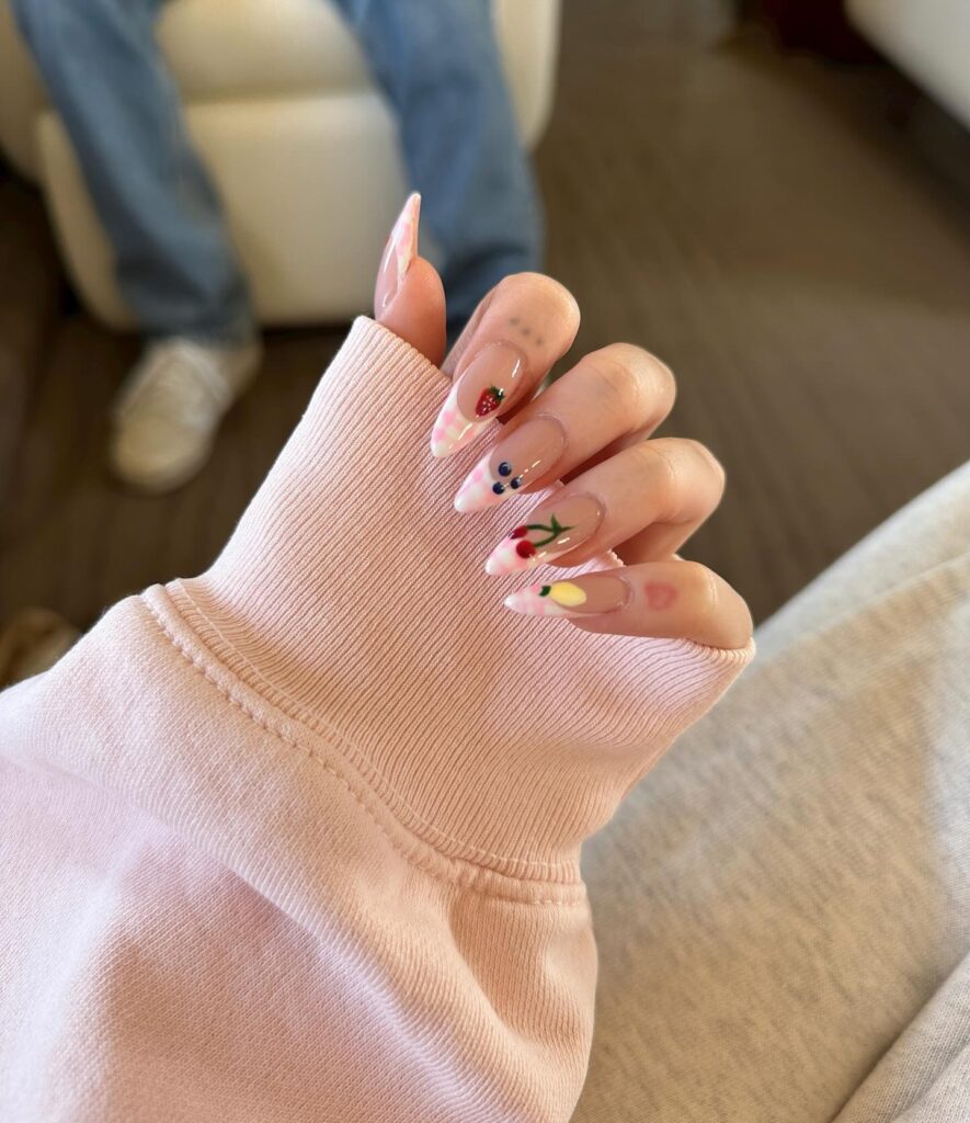 pink check French tips with fruit nail art