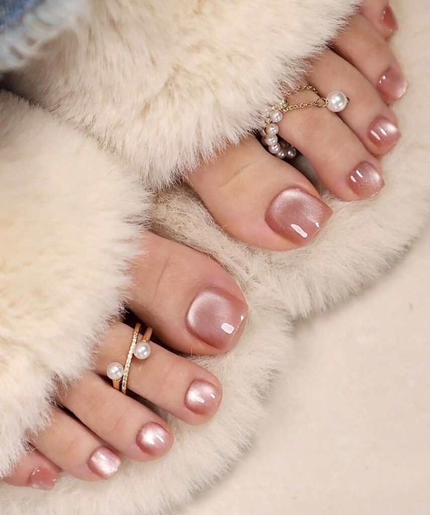rose gold chrome spring pedicure with pearl finish