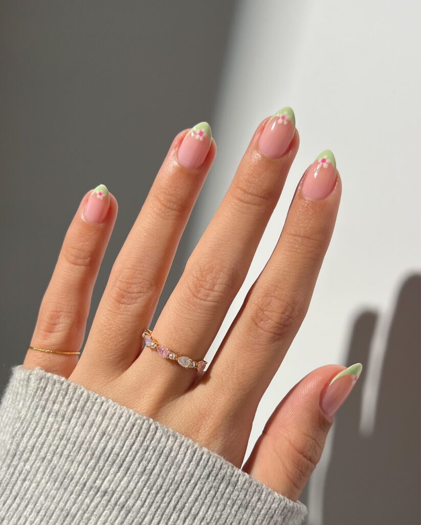 sage green French tips with pink florals