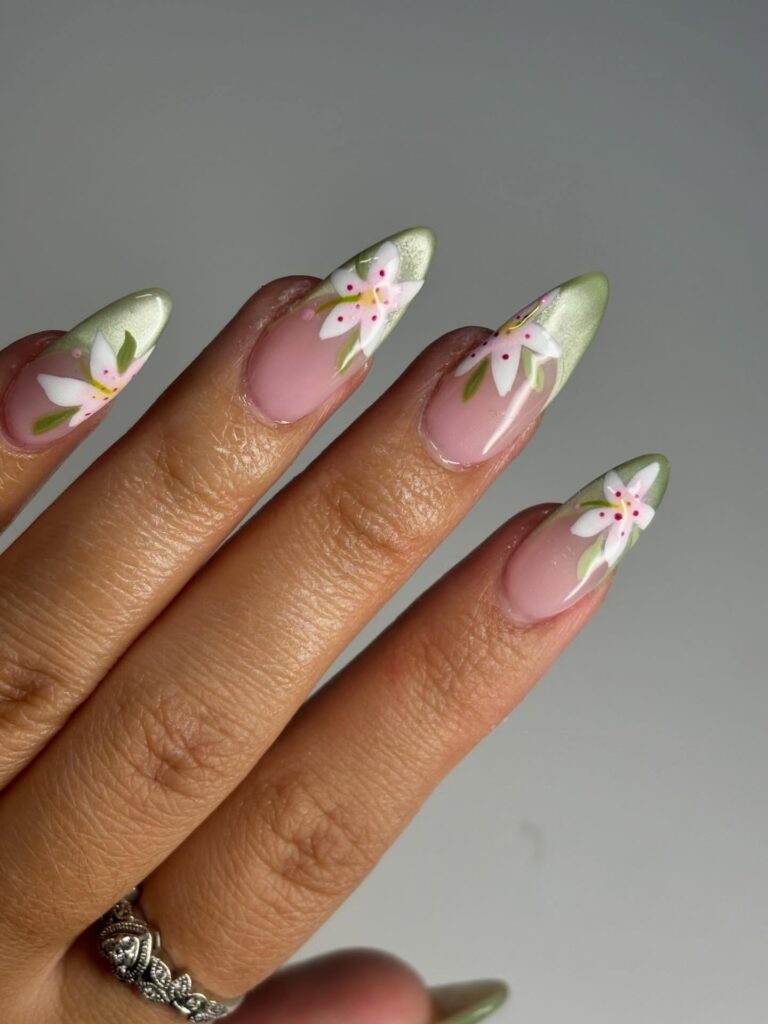 Sage green metallic French tips with white lily florals