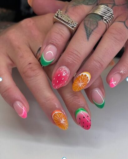 mix fruit nails featuring orange, strawberry and watermelon