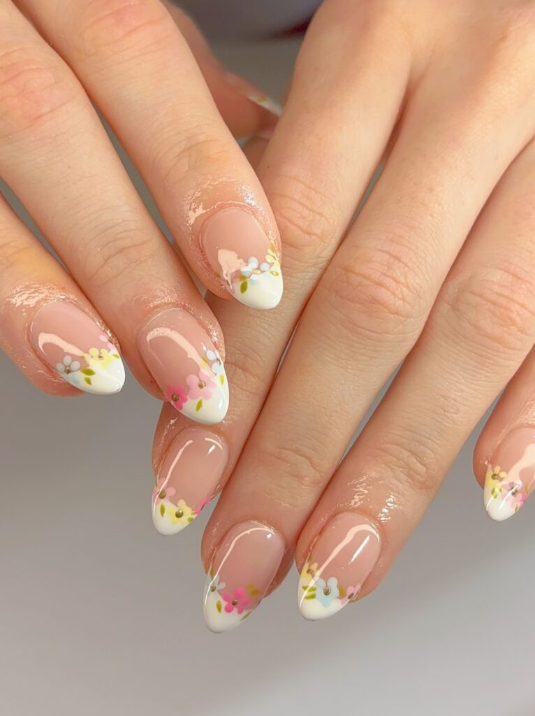 white French tips with flower bouquet art