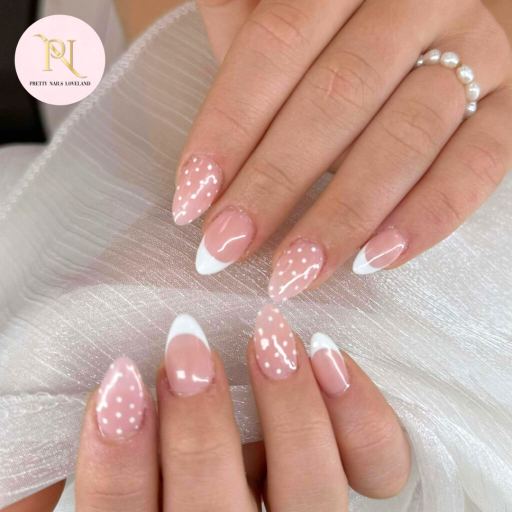 white French tips with polka dots and star lines
