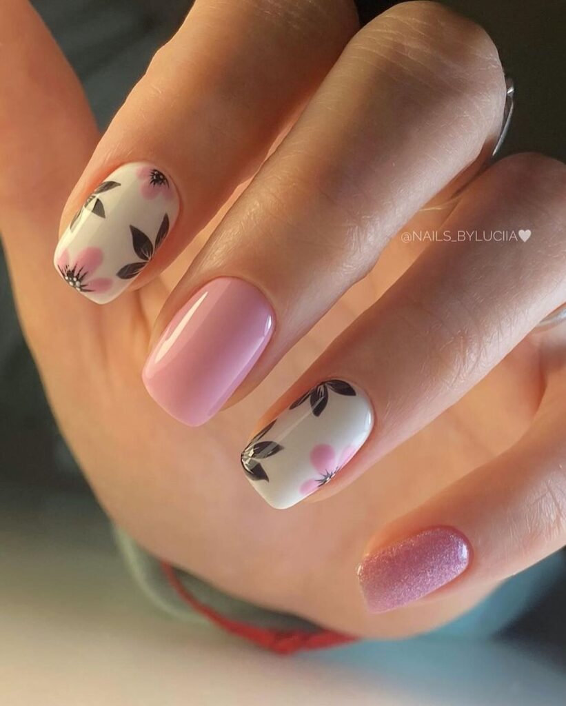 Pink and white cherry blossom nail art