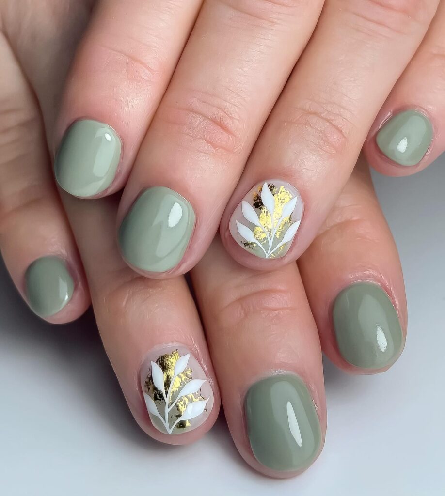 Sage green nails with gold foil and white leaf art