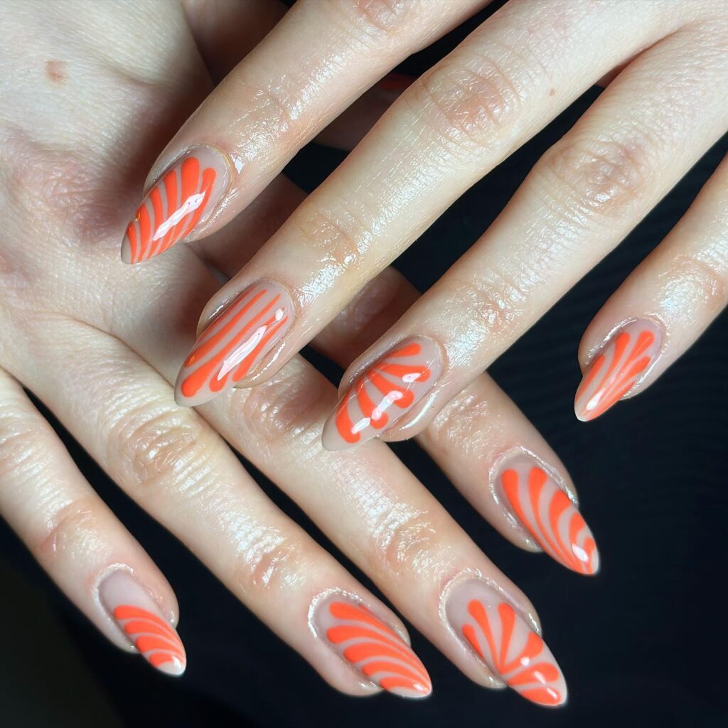 Nude nails with orange coral abstract fan art