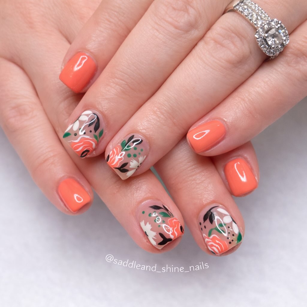 Coral nails with botanical garden floral art