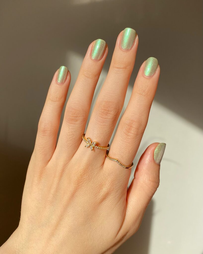 Sage green iridescent chrome nails