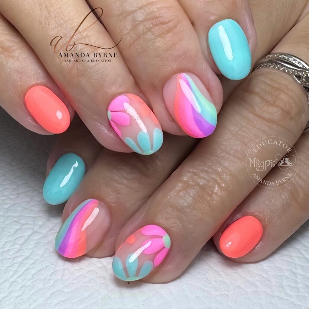 Coral teal and pastel floral nail art