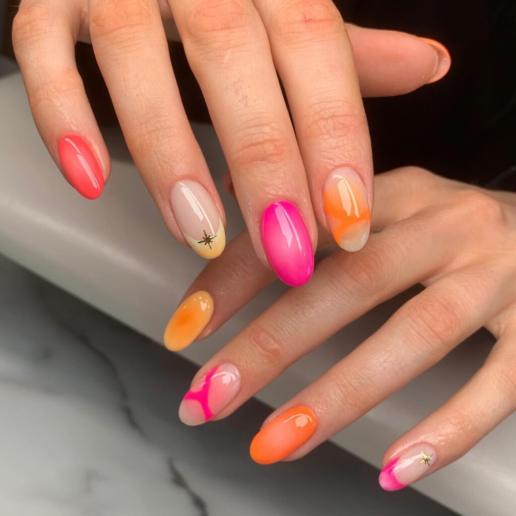 Coral orange and pink aura ombre nail art