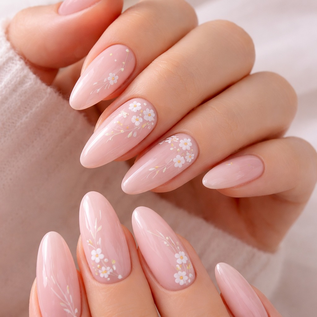 Blush pink almond nails with white floral art