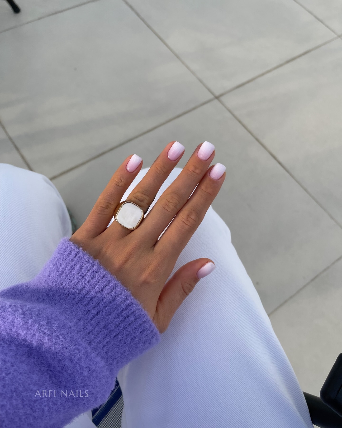 Short square nails in blush to white soft ombre gradient by ARFI Nails