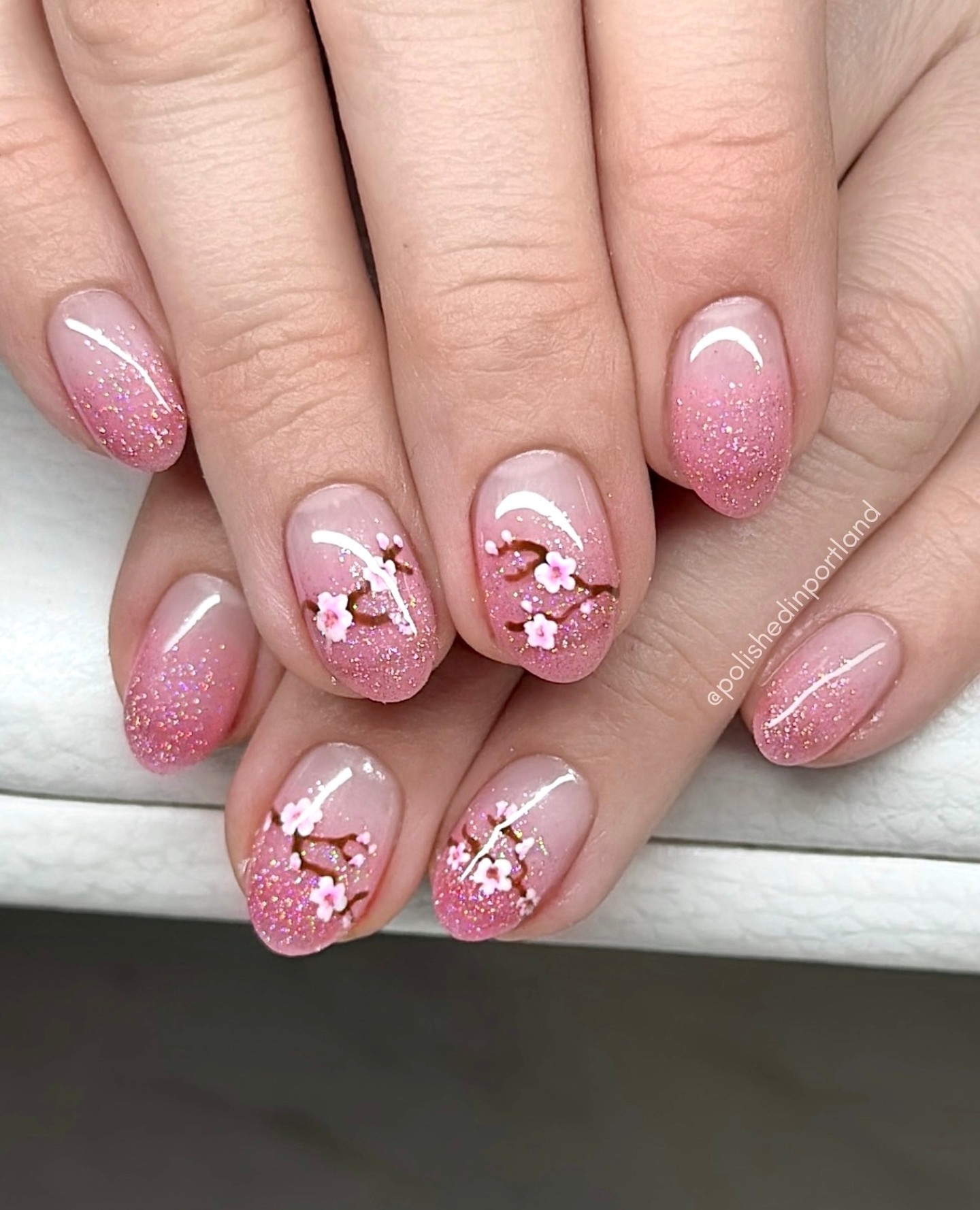 Cherry blossom glitter spring nails