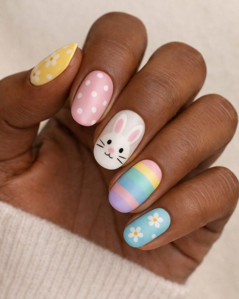 round Easter nail art with bunny face, polka dots, rainbow egg, and daisy accents