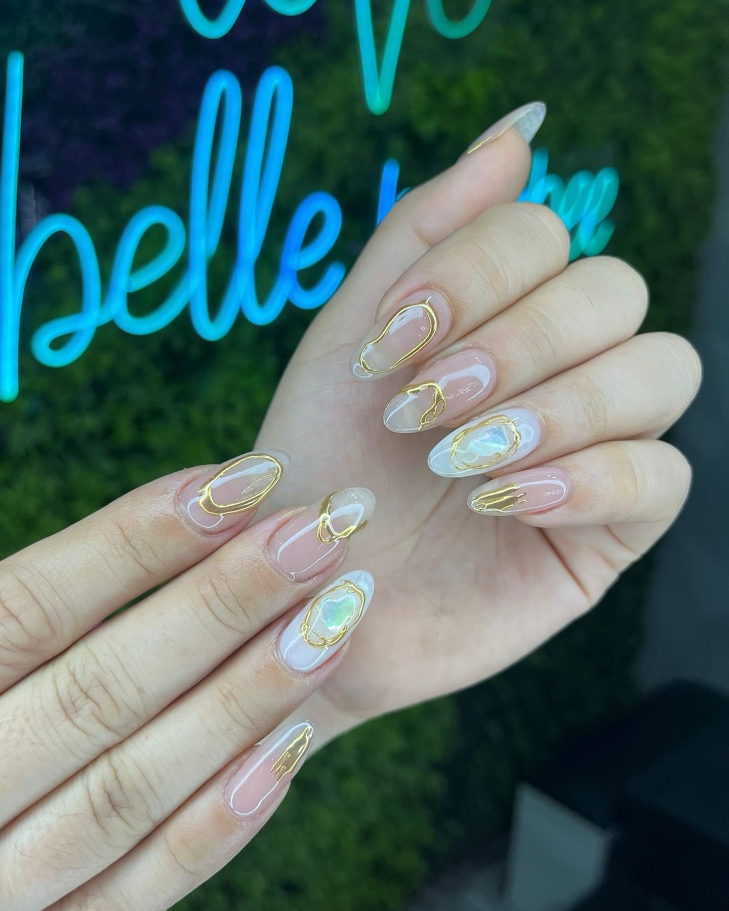 Sheer glass gold cloud nails