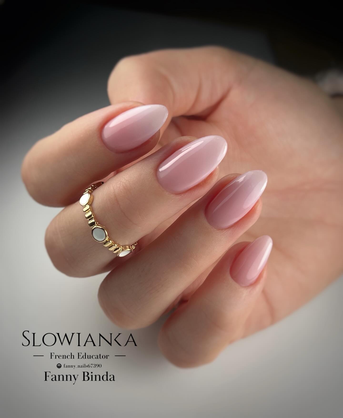 Sheer blush pink almond nails with glass finish