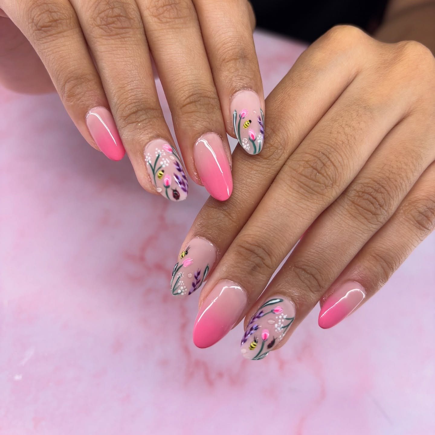 Hand painted pink botanical nails