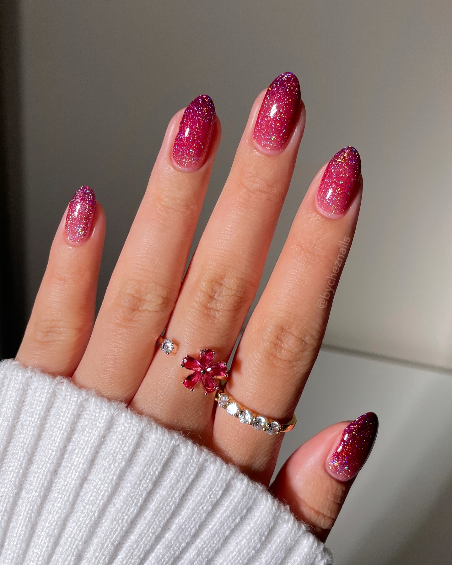 Hot pink holographic glitter ombré nails
