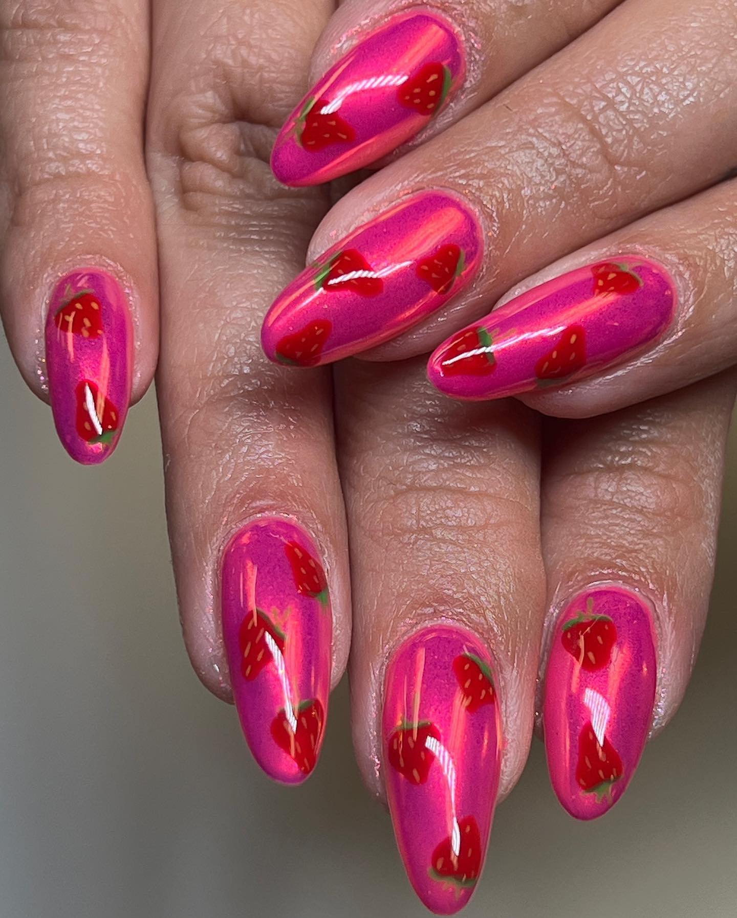 Pink strawberry chrome nails