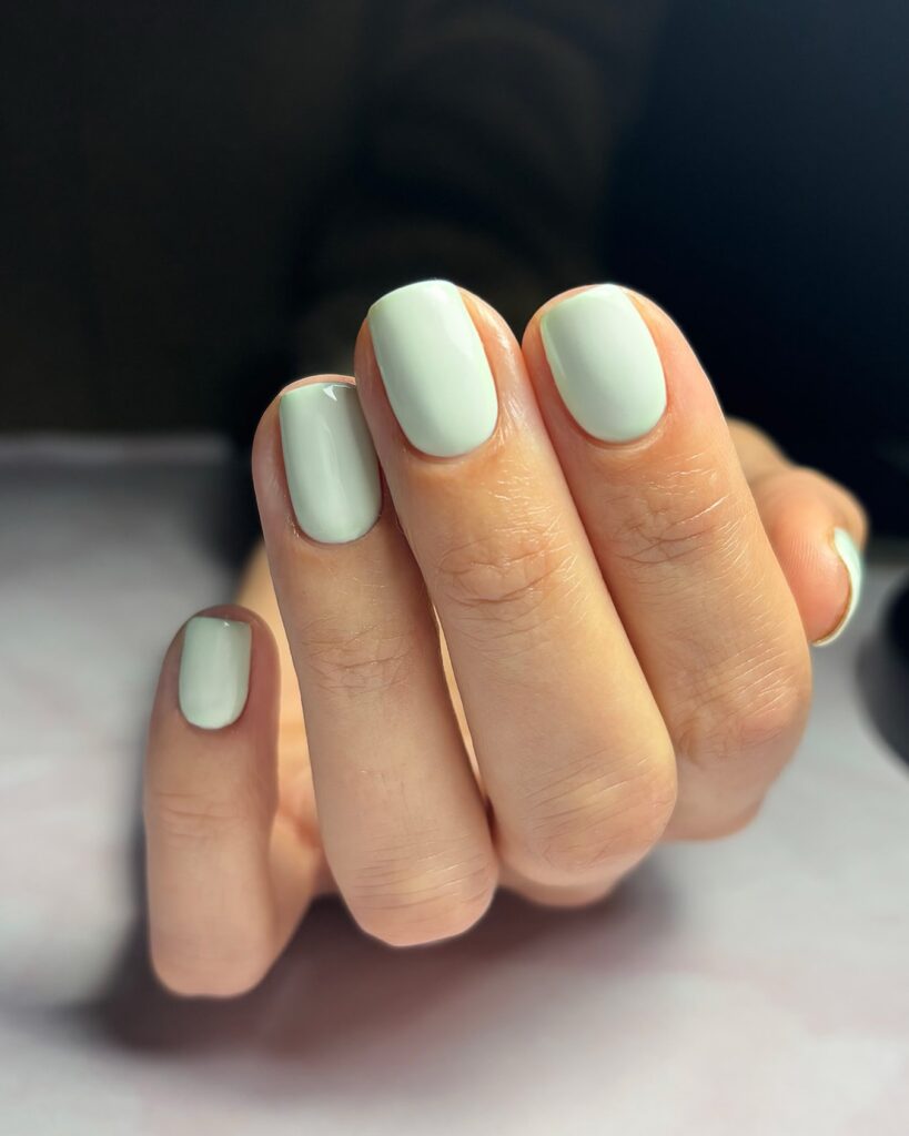 Short square nails painted in icy pale mint green single color
