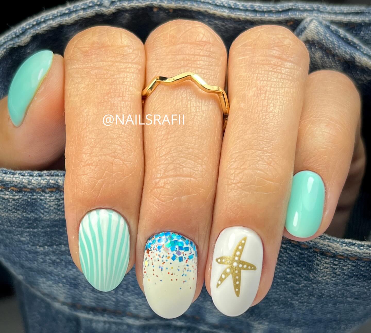 Mint ocean seashell nails