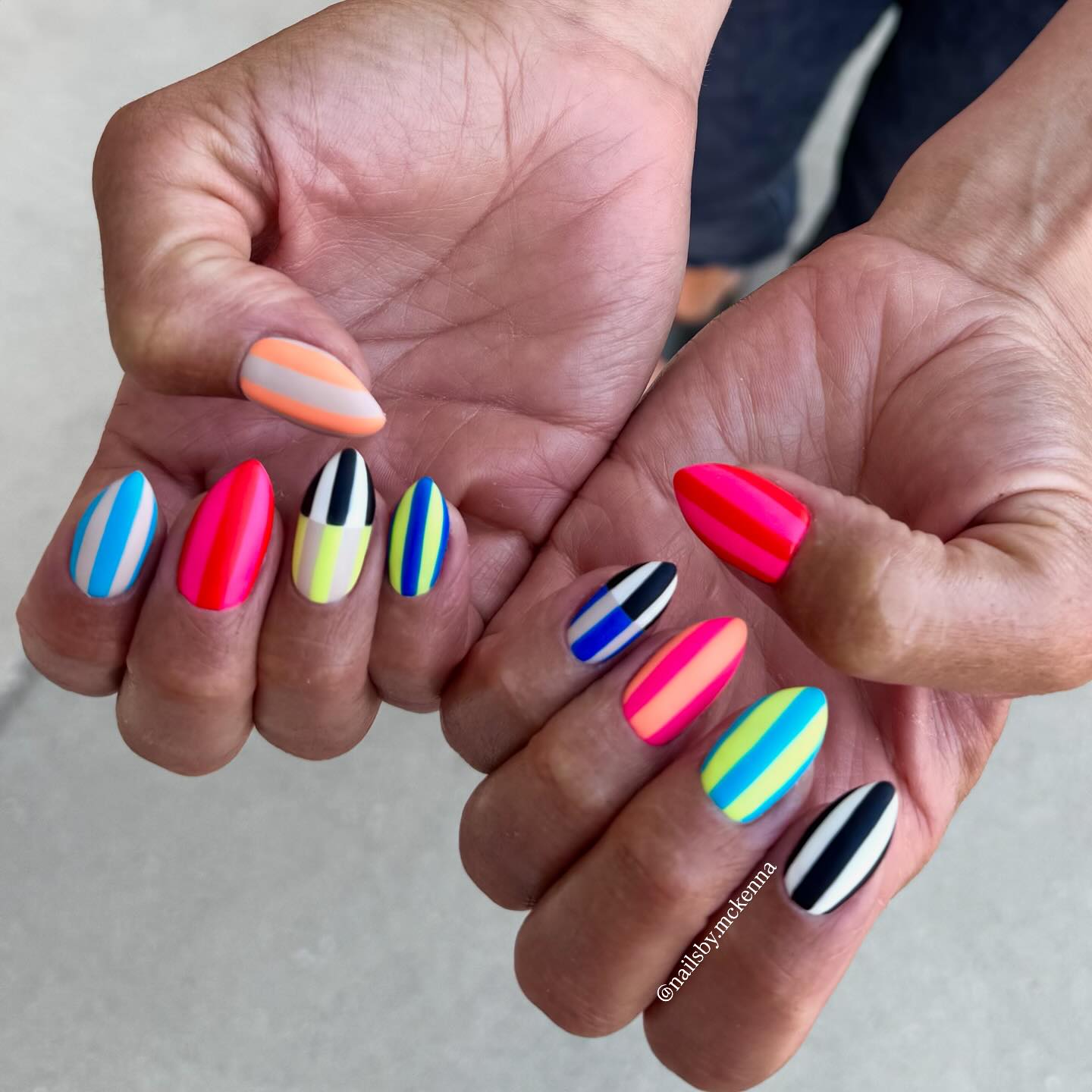 Neon stripe almond nails