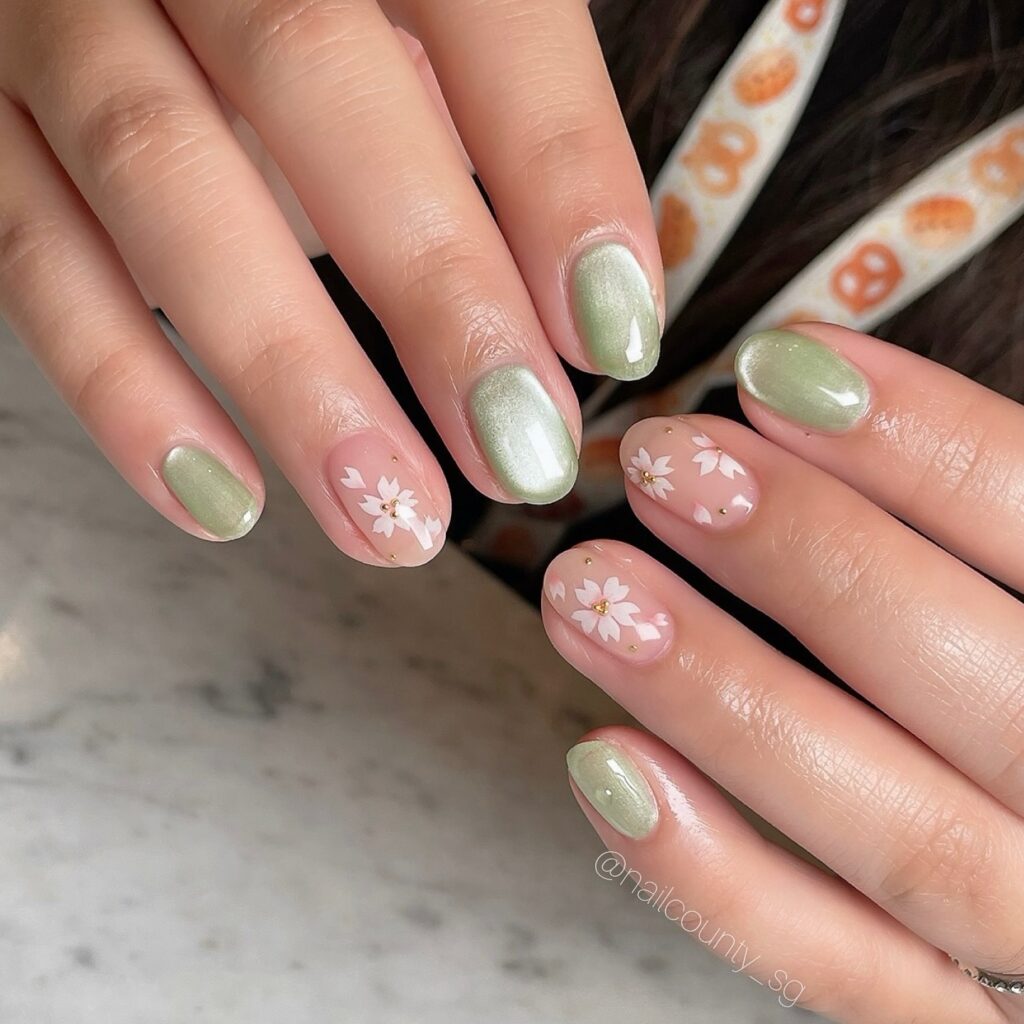 Short oval nails with pearlescent sage green polish and sheer cherry blossom nail art with gold details
