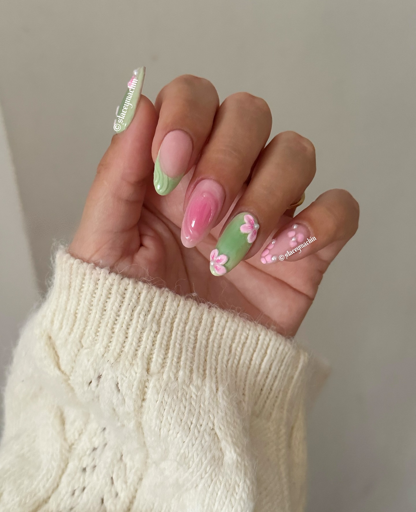 Pink and green floral mix spring nail art
