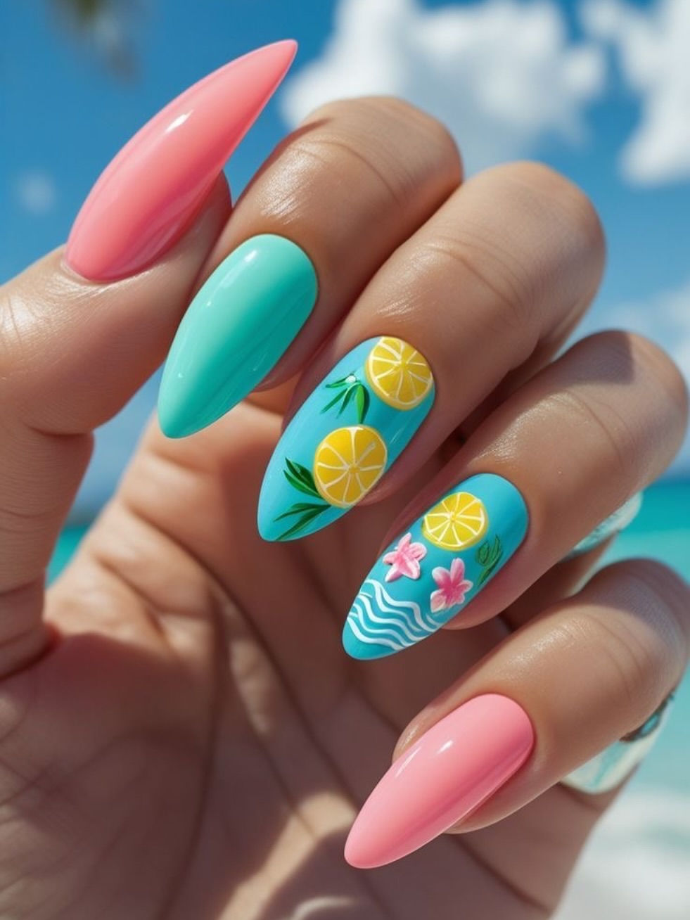 Pink and mint almond nails with citrus slices and tropical waves