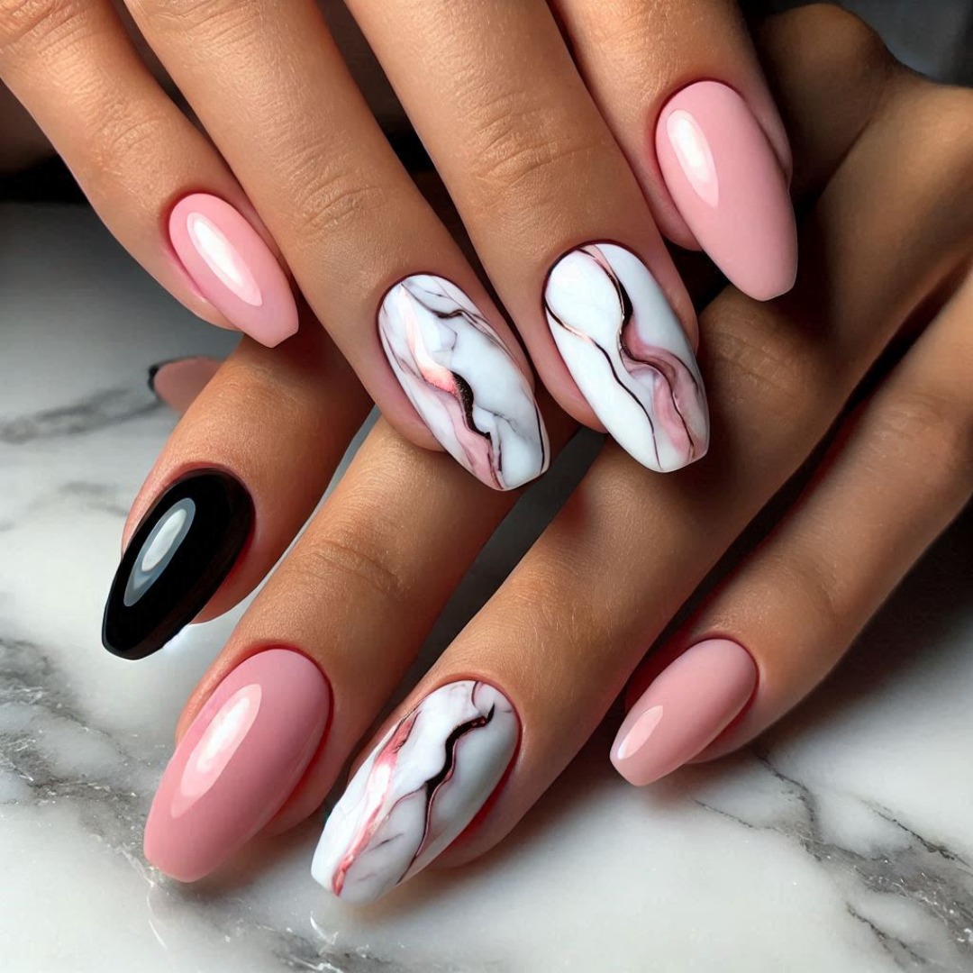 Almond nails with candy pink white marble veining and glossy black accent nail
